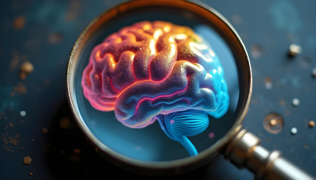 Magnifying glass over colorful brain highlighting research and understanding in neurodiversity and autism