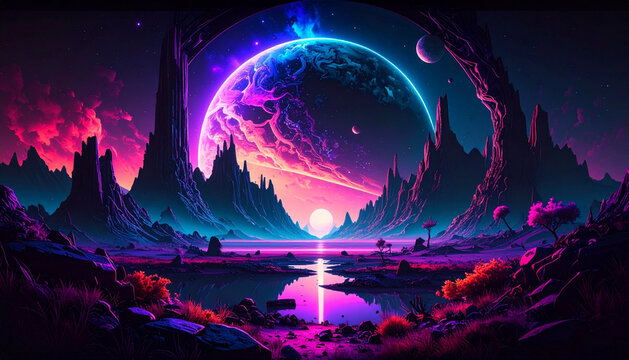 An abstract in neon tones, post-apocalyptic imaginary world. AI