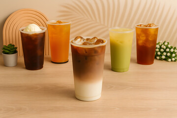 Assortment of refreshing iced drinks displayed on wooden table closeup cold beverages © Ali