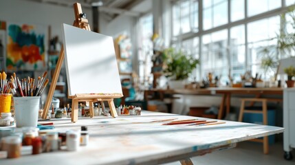An inviting art studio featuring an easel with a blank canvas, surrounded by colorful paints and brushes, encouraging creativity and artistic expression in a bright space.