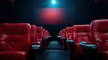 An empty cinema with red plush chairs, waiting for patrons to experience the magic of movies, illuminated by a bright spotlight reflecting anticipation and escape.