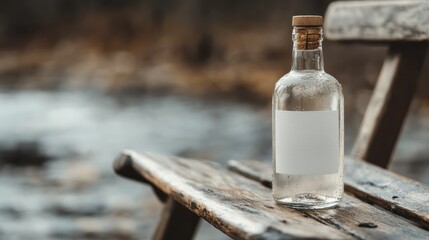 Obraz premium A sleek, clear bottle resting on a weathered wooden chair by the water, symbolizing simplicity and nostalgia while offering a calm and serene atmosphere for reflection.