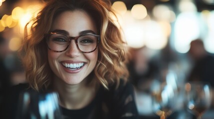 A vibrant portrait of a woman wearing glasses, joyfully smiling at the camera, surrounded by a lively atmosphere that radiates happiness and confidence in a warm setting.