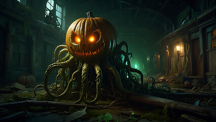A massive rotting pumpkin creature with vine tentacles crawling through an abandoned village, glowing from within with eerie green light.