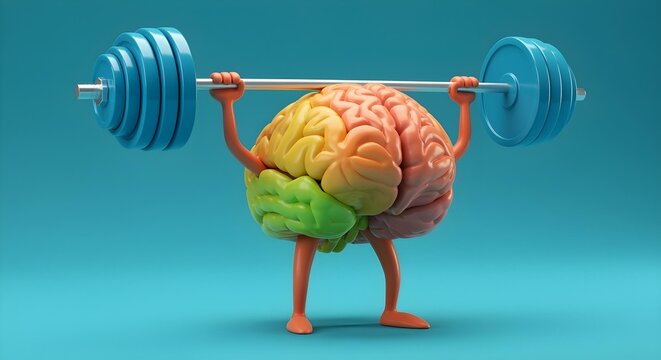 Strong colorful brain mascot lifting barbell signifying autism ADHD neurodiversity empowerment and therapy cognitive training