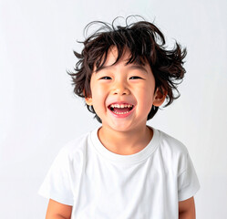 Joyful Asian Boy Laughing in White T-Shirt on White Background