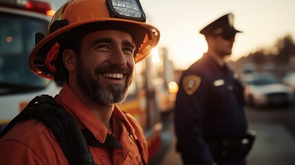Obraz premium This uplifting image depicts a smiling firefighter in the foreground, embodying bravery and community spirit, as he stands alongside a police officer at a scene of service.
