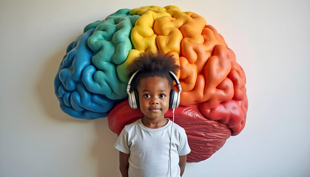 Autistic child with headphones in front of rainbow brain representing neurodiversity inclusion and therapy