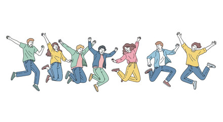 Joyful Group of Young Adults Jumping, Pastel Colors, Line Art Illustration