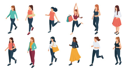 Ten Diverse Women in Isometric Poses: Walking, Shopping, Running, and Yoga