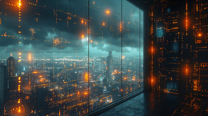 Fototapeta premium Futuristic cityscape viewed from high-tech glass room. Neon orange circuit lights and stormy skyline for sci-fi design.