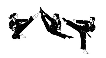 Black and White Karate Practitioners Performing Dynamic Kicks