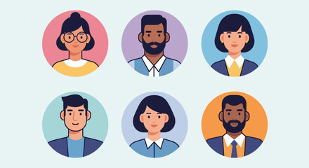 Diverse Cartoon People Avatars in Circles, Flat Design, Modern Style