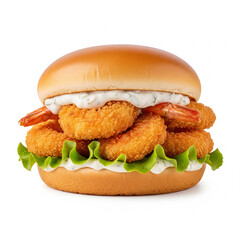 Shrimp Burger Bun features crispy seafood and fresh lettuce