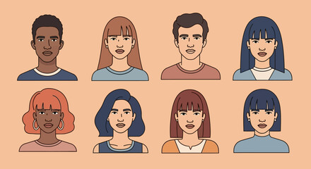 Diverse Portraits of People in Simple Line Art Style