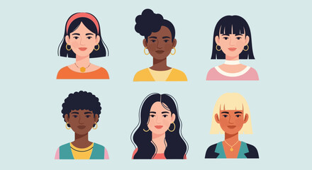 Diverse Women's Portraits: Vector Illustrations of Various Hairstyles and Skin Tones