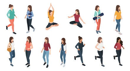 Diverse Women in Various Active and Relaxed Poses, Colorful Outfits