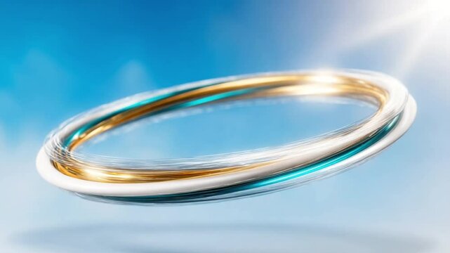 Abstract Golden Rings in Flight: Three interlocked golden rings, symbolizing unity and infinity, float serenely against a backdrop of a clear, sunlit sky.