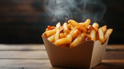 Hot Steaming Cheese Fries in a Cardboard Container
