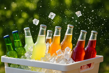Refreshing assortment of colorful soda bottles cascading on ice closeup isolated on white background