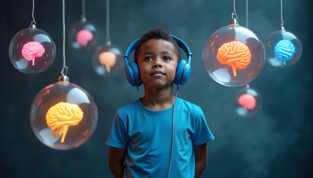 Autism ADHD Child with headphones surrounded by floating brain lights symbolizing diverse cognitive therapies - Powered by Adobe