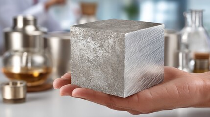 Hand holds an aluminum cube, revealing its smooth surface and detail against a backdrop of high-tech lab equipment