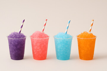 Colorful slushies in plastic cups with striped straws closeup isolated on white background frozen sweet drinks