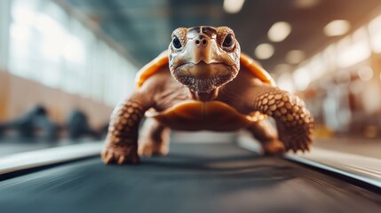 A turtle surprisingly embraces exercise as it walks on a treadmill in a modern gym setting, humorously representing perseverance and the adaptability of nature in human environments.
