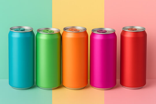 Colorful soda cans arranged in a row closeup isolated on white background fizzy drinks