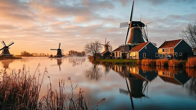 zaanse schans windmills at dawn video