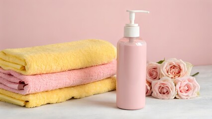 a pastel pink pump bottle stands on a soft pink background