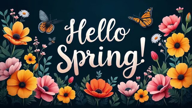Hello Spring Animation: Colorful Flowers & Butterflies Welcome Season. Floral Greeting Card & Nature Rebirth Celebration. 4K Video. 