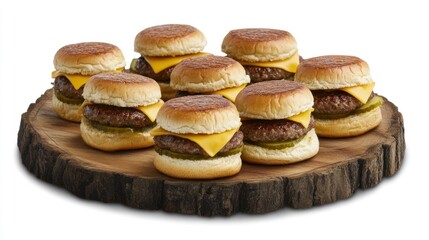 Eight Mini Cheeseburgers on Wooden Board