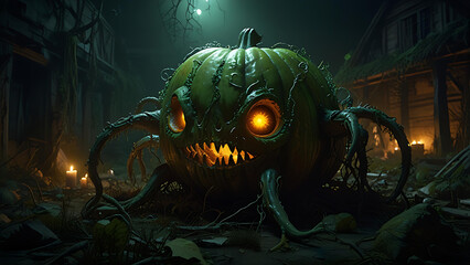 A massive rotting pumpkin creature with vine tentacles crawling through an abandoned village, glowing from within with eerie green light.
