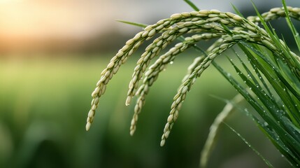 A close-up shot of a rice plant with dew droplets, capturing the beauty of agriculture and nature's resilience at sunset in a serene field landscape.
