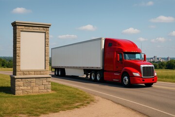 Mockup truck delivery transport logistics — roadside billboard and red trailer advertising