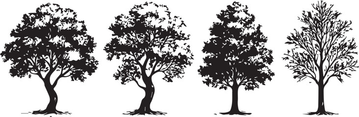Tree silhouette vector collection, Black ink drawing