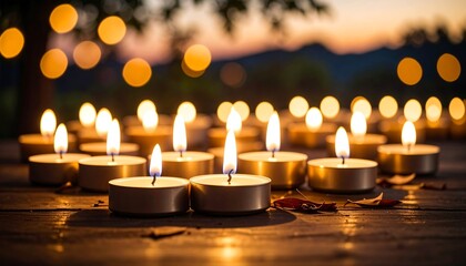 Burning candles with sunset background.