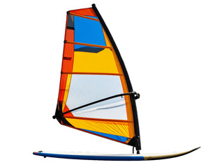 Vibrant windsurfing sail on board, transparent background.