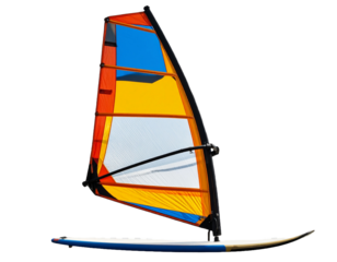 Vibrant windsurfing sail on board, transparent background.