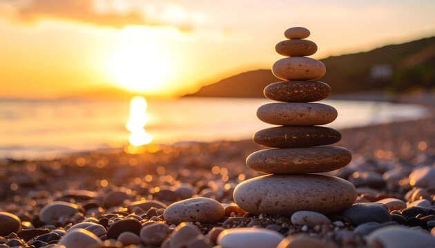 Sunset Beach Stone Stack Balance.