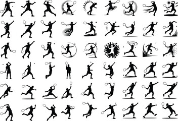 Fototapeta premium Tennis Player Serving Icon Silhouette Set – Sport Action Vector Pack Silhouette of Tennis Serve – Athlete Pose Icon Collection