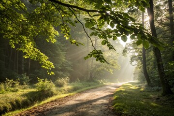 Obraz premium Golden Sunlight Filters Through Forest Canopy 