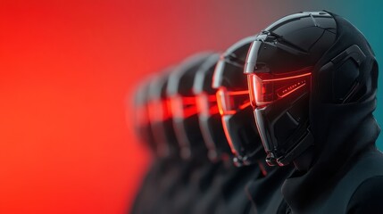 An array of sleek futuristic helmets lined up, featuring striking red lights, creating an intense and captivating visual that evokes a sense of advanced technology.