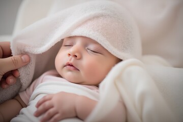 Baby sleeping peacefully under soft blanket in cozy environment  
