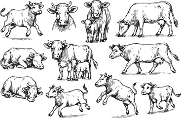 Collection of hand-drawn cows in various poses