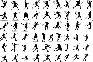 Tennis Player Serving Icon Silhouette Set – Sport Action Vector Pack Silhouette of Tennis Serve – Athlete Pose Icon Collection