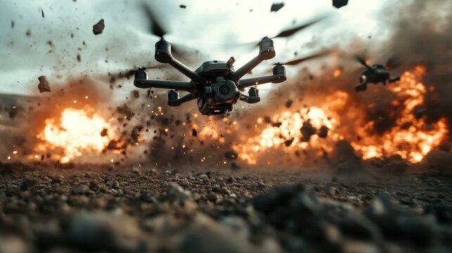 Dramatic scene featuring drones navigating through explosions, bringing a sense of dynamic action and adrenaline to the forefront, highlighting modern technology in intense environments.