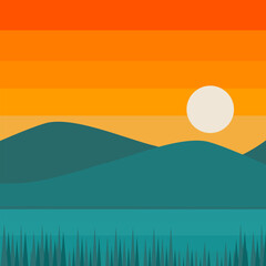flat-style vector illustration of a peaceful sunset over hills and water. Ideal for use in wallpapers, banners, or editorial design.
