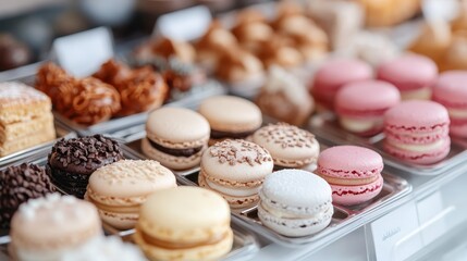 Fototapeta premium An enticing assortment of colorful macarons arranged beautifully, showcasing their delicate textures and vibrant hues, perfect for dessert lovers and connoisseurs of sweet treats.